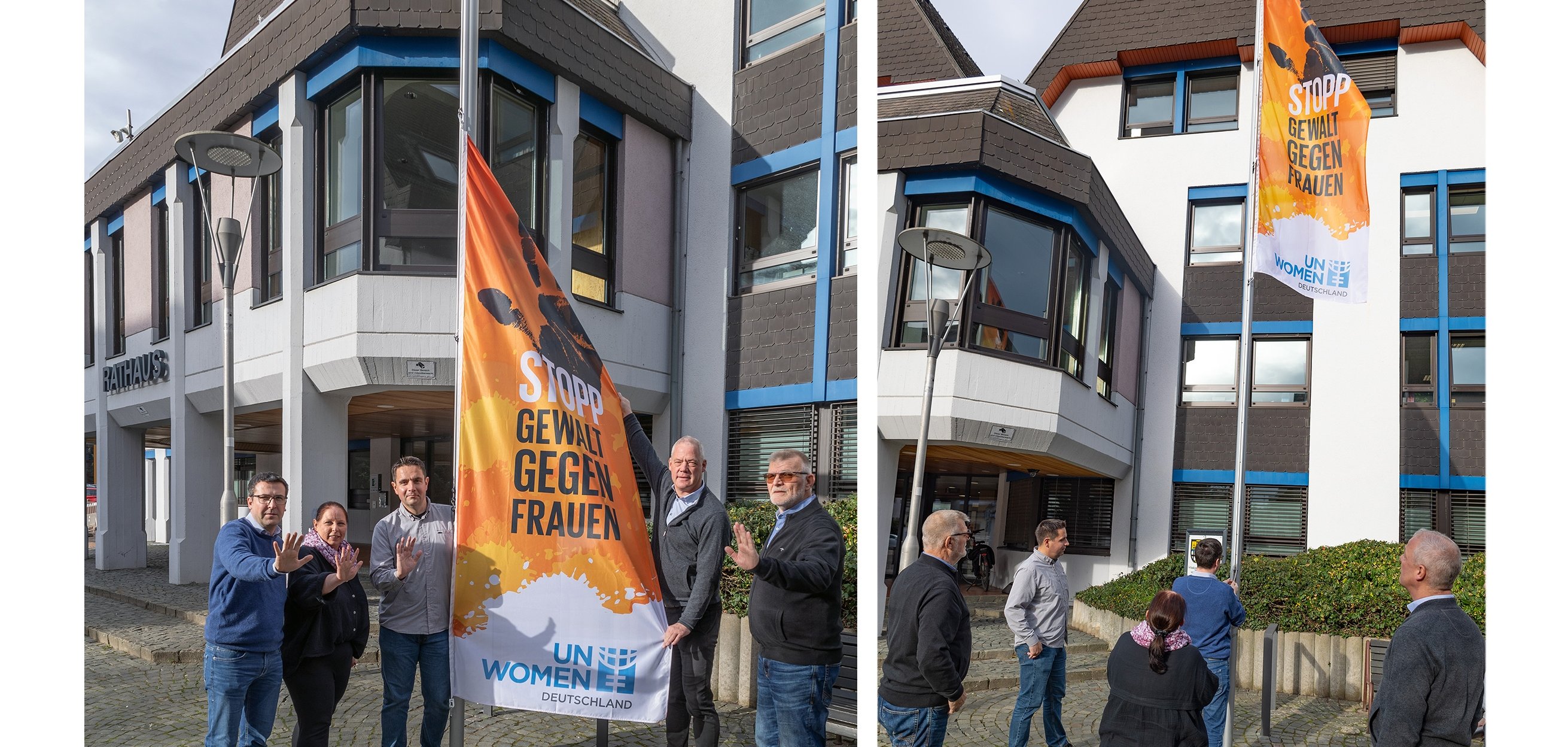 2 Bilder vom Hissen der Flagge am Rathaus